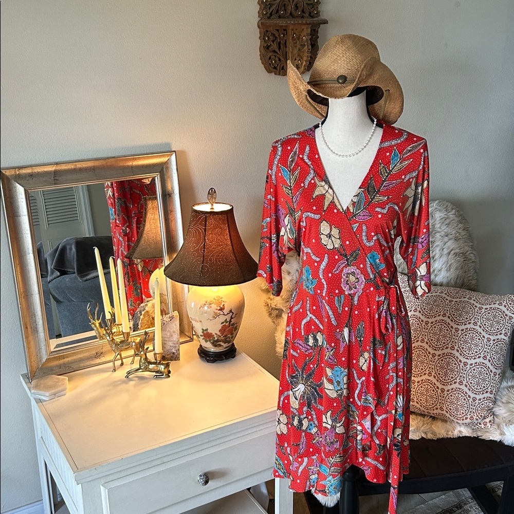 Veronica M. Fire, orange floral printed V-neck wide sleeve wrap mini dress S​
